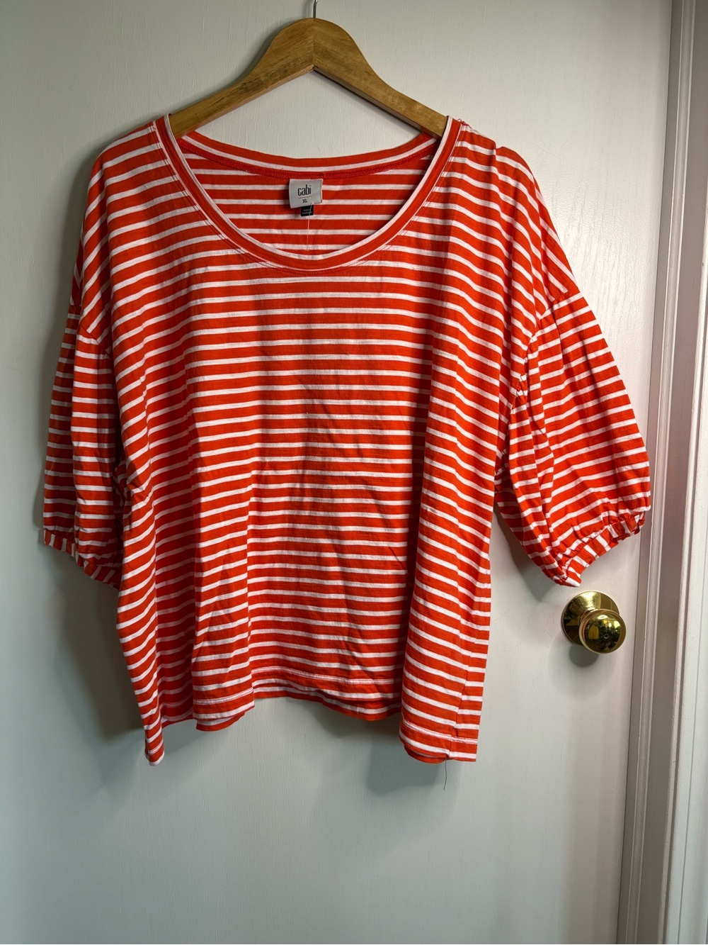 cabi XL Cropped Striped Puff 3/4 Sleeve Scoop Neck Knit Top Nautical Preppy Chic